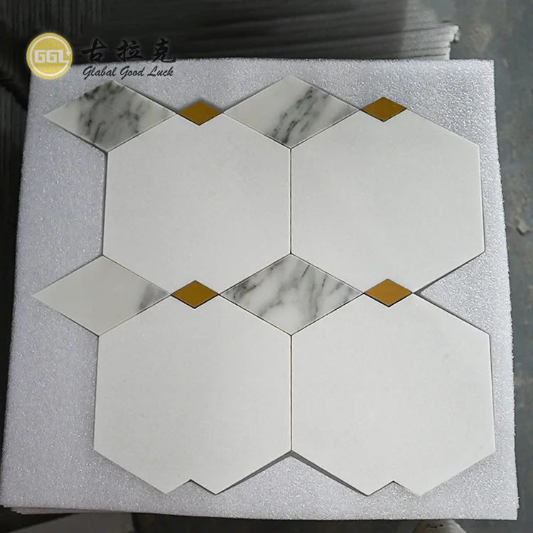 Marble Calacatta Gold Mixed Thassos White  And Brass Waterjet Polished Mosaic Tile for Bathroom Wholesale supplier