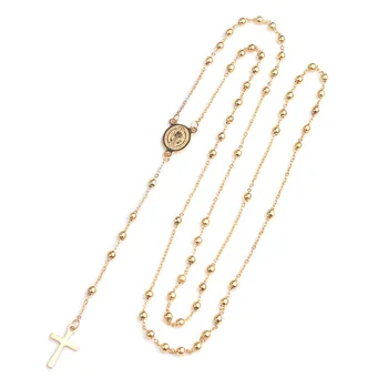 St Benedict Gold Plated Stainless Steel Religious Long Rosaries Virgin Mary Cross Necklace Catholic Rosary