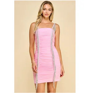 Lady Sweet Strap Symmetrical Chain Tassel Woven Breathable Natural Waist Bodycon Dress