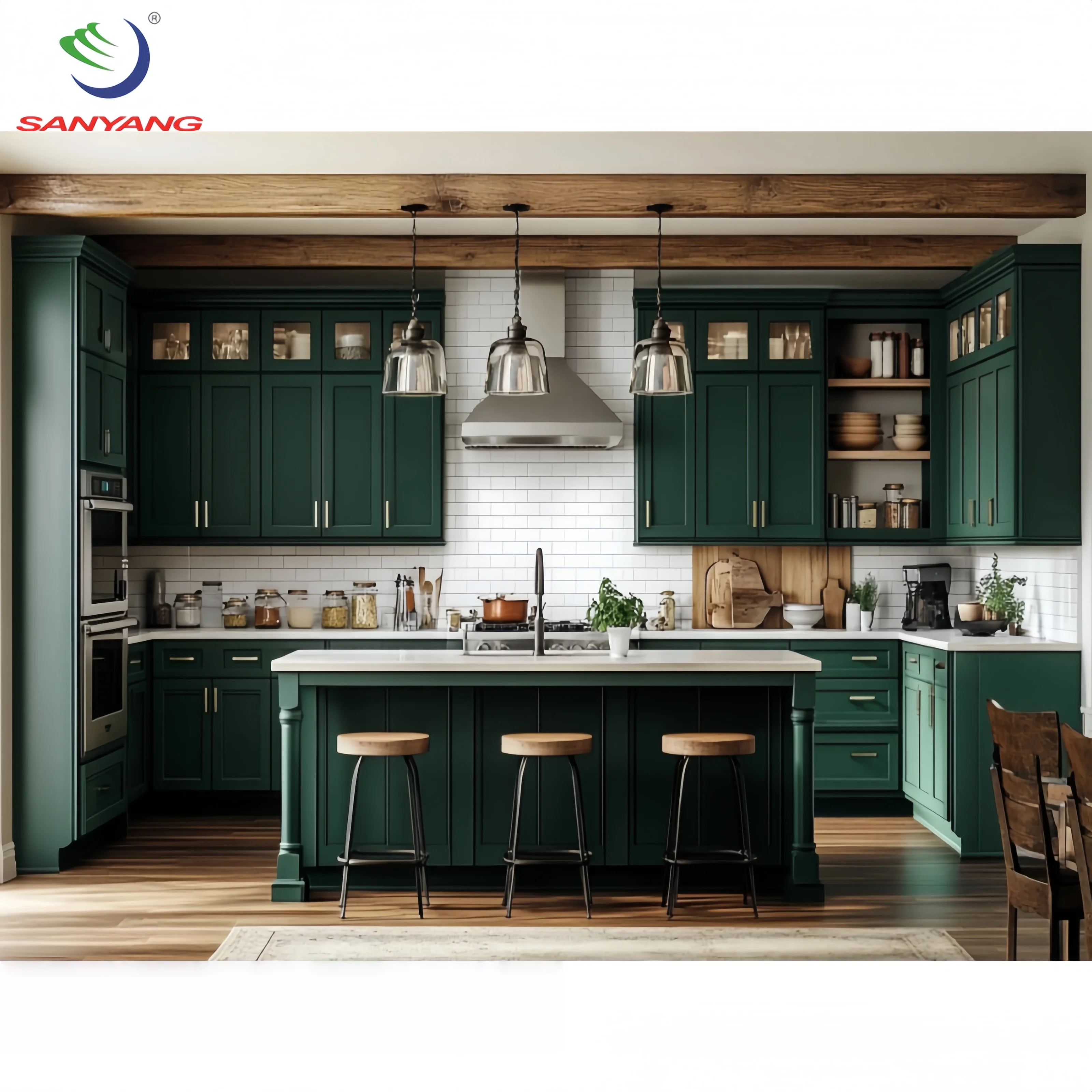 Modern Custom Color RTA Solid Wood Slim Shaker Green Kitchen Cabinets Ready to Assemble Kitchen Cabinet With Island