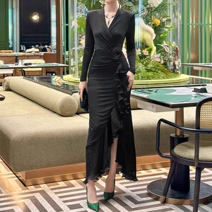 ZYHT 9130 Elegant Black Long Sleeve Maxi Dress with Ruffle Floral Bodycon Dresses Women Lady Elegant for Evening Gala