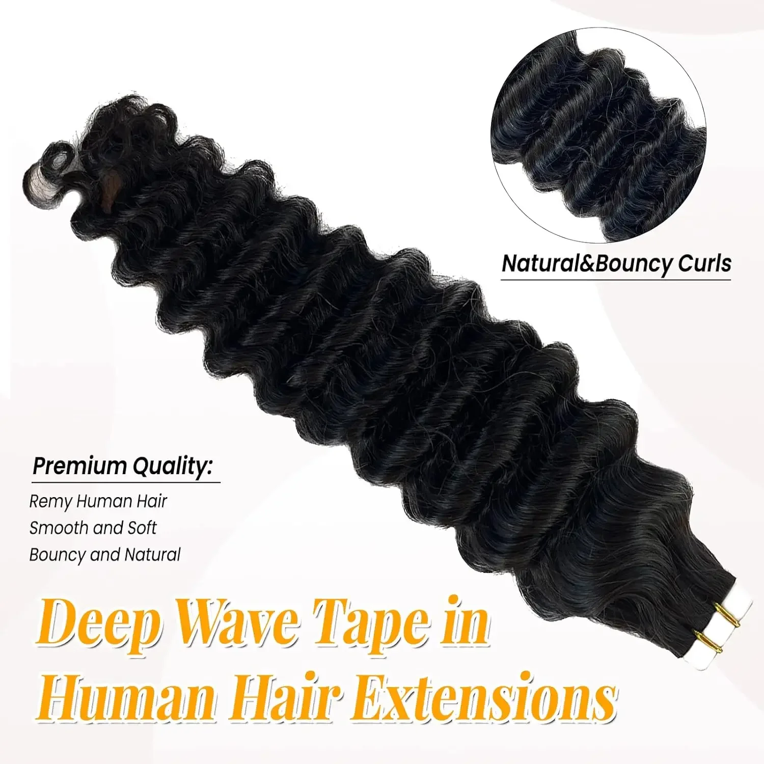 Tape-In-Haarverlängerung, lockig, tief gewellt, 100 % Echthaar, für den ganzen Kopf, Naturschwarz_voghion.com