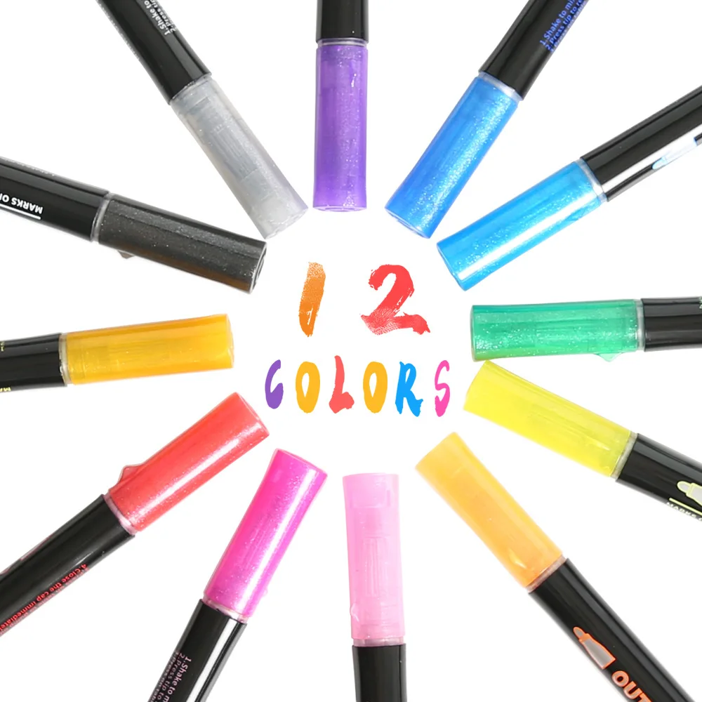 Doodle Dazzle Markers Double Line Outline Pens, 12 Colors Self Outline  Metallic