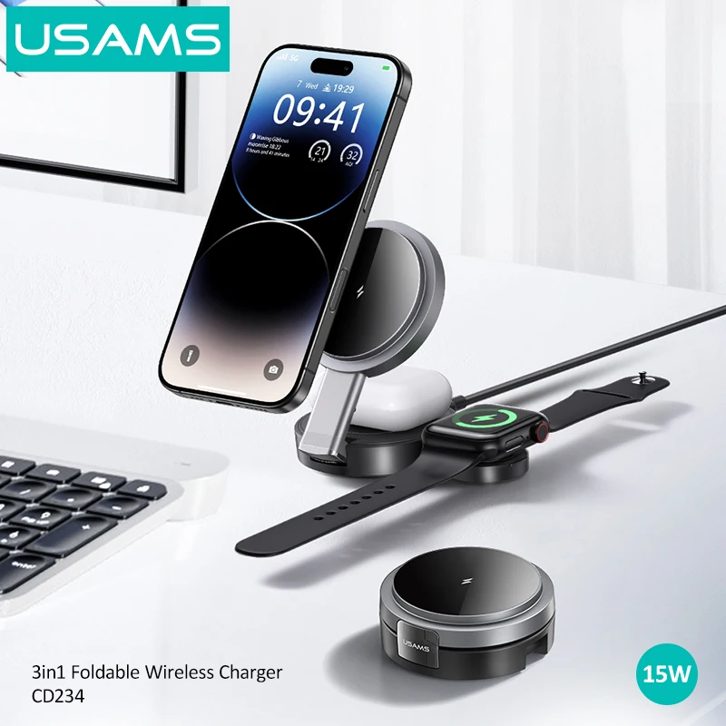 USAMS CD234 10W 15W Fast Charging Dock Station Folding in Magnetic  Wireless Charger for iPhone 16 15 14 13 12 IWatch AirPods