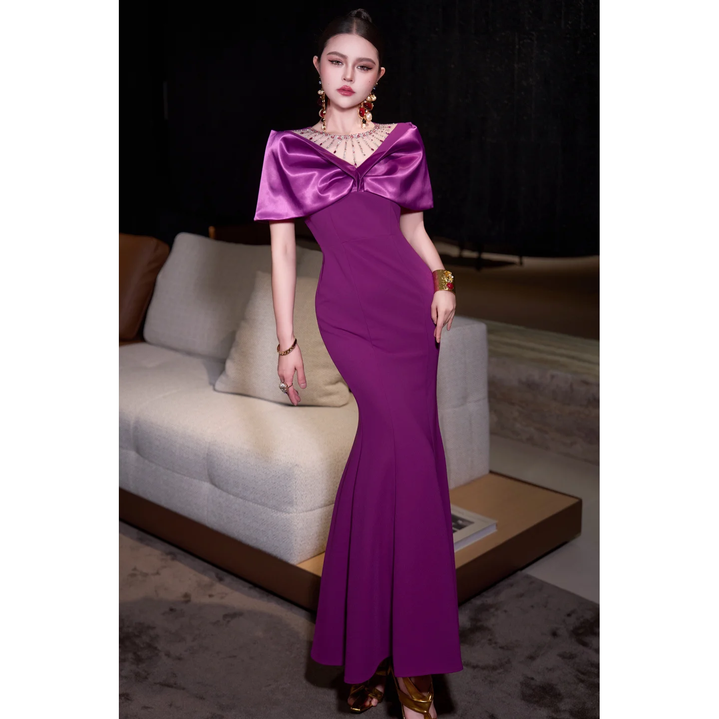 Elegant Fashionable Breathable Light-luxury High-end V-neck Slim Fit High Waist Polyester Fishtail Long Dress Women Red