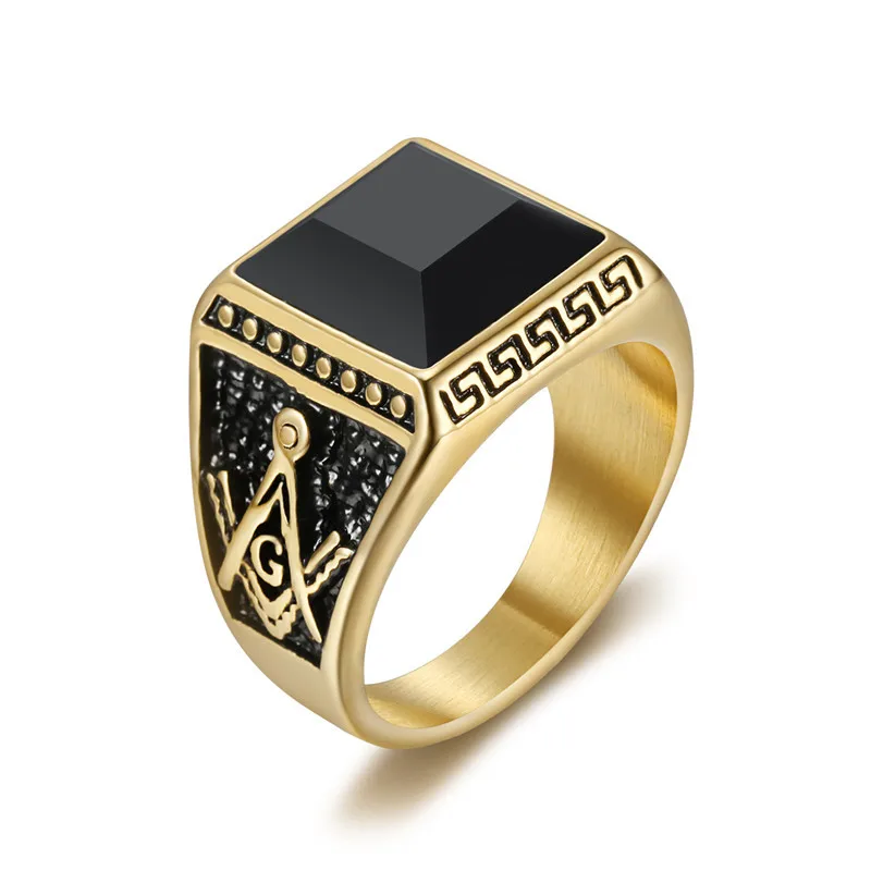 Bomei Jewelry Mens Gold Plated Masonic Rings Stainless Steel Black Stone  Masonic Rings for Men