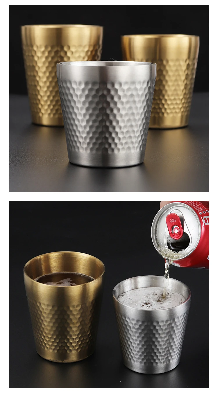 Hammer Pattern Non slip Double Wall Anti Scalding Gold Stainless Steel 304 Party Camping Cola Water Tea Coffee Beer Mug Cup Set