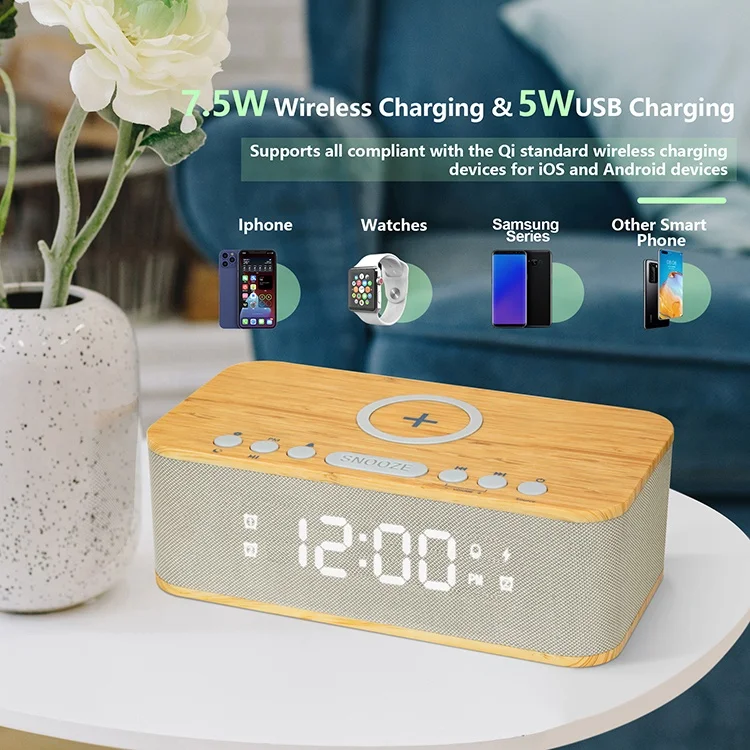 FANSBE Multifunction Dual Clock Radio Bluetooth Wireless Charger Alarm Clock Speaker for Mobile Phone