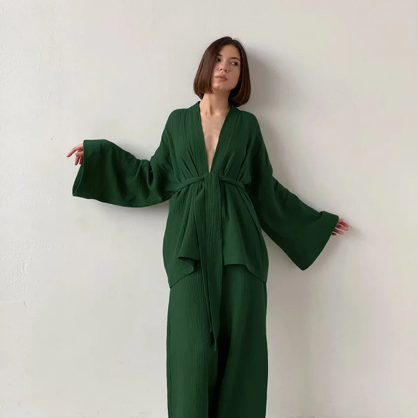 Womens Washed Cotton Gauze Pajama Set Double Layer Breathable Long Sleeve Wrap Full Length Pants Autumn Loungewear — detail