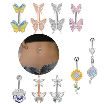 10pcs/Set  316L Steel Butterfly Flower  Snake Dangle  Belly Button Ring  Zircon Navel Ring Body Piercing Jewelry
