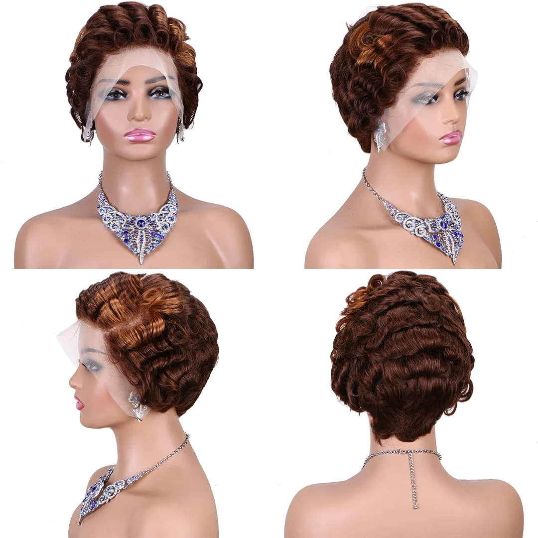 Burgundy 99J Red Color Lace Front Short Bob Wig Human Hair Pre Cut Loose Bouncy Wave Pixie Cut Frontal Wigs Preplucked_voghion.com