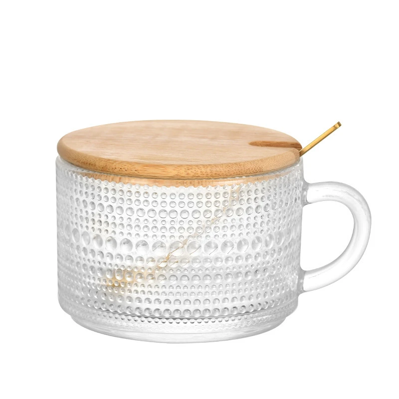 Tazze da caffè in vetro Vintage, contenitori di avena per la notte con coperchi e cucchiai di bambù-tazze di vetro in rilievo trasparenti da 14 once