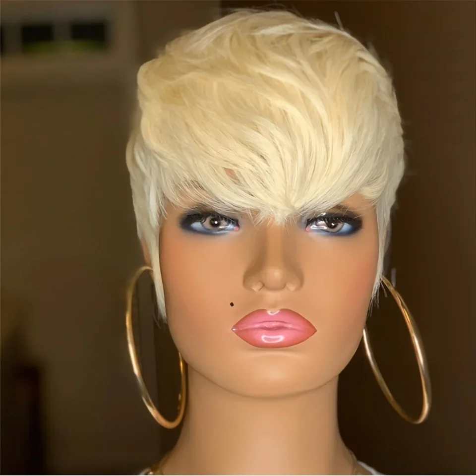 Kurze, glatte Perücke mit Pixie-Schnitt aus Echthaar, maschinengefertigte Perücken für Frauen_voghion.com