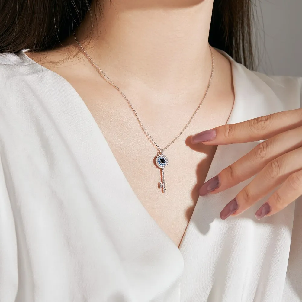 KAKODIY Fine Jewelry CZ 18K Gold Plated 925 Sterling Silver Necklace Key Pendant Evil Eye Necklace Women Gift detail 4