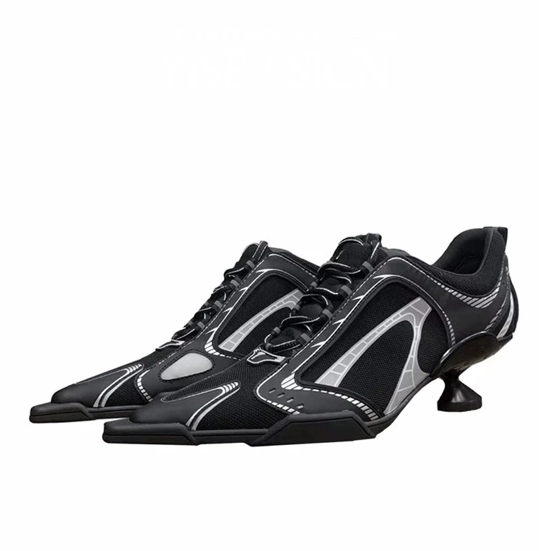 Fashion Pointed Toe Black Sports Style Mesh Breathable Ballet Casual Lace-up Women High Heels Pumps - Image 1