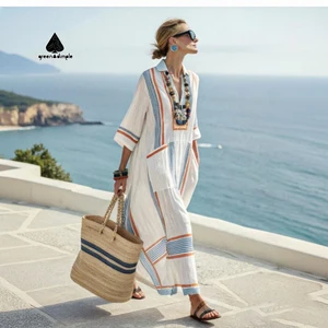 Customize Design Women Embroidered Long Dress Bat Sleeve Ladies Quality Cotton Linen Texture Casual Beach Dress with Pocket