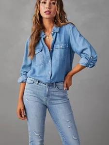 2026 New Arrival Denim Shirt Fashion Casual Collared Single-Button Women's Long-Sleeve