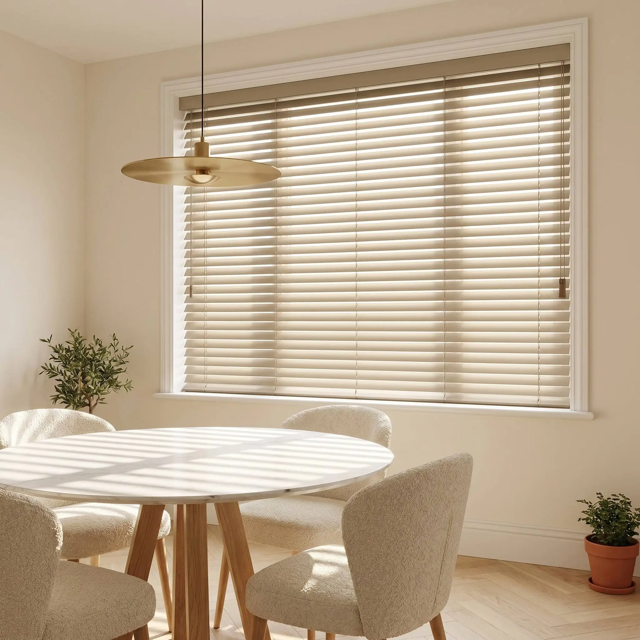 Aangepaste Hout Venesiese Blinde van Paulownia, Geverf/Gebeitel in ’n Eenvoudige Kleur met ’n Eenvoudige Valans, 50 mm Lamellas, Met UV-Verstyking ingebou, Duurzaam, OEM-groothandel