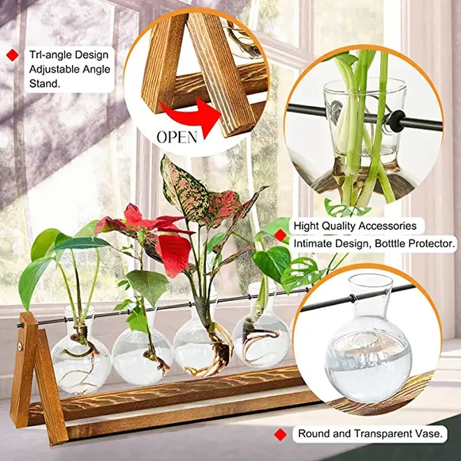 HOT Plant Terrarium With Wooden Stand 5 Bulb Vase Desktop Propagation  Stations for Hydroponics Plants Office Home Garden Decor
