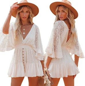 Summer White Bat Sleeve Dress with Button Backless Women's Short Dress with Lace Ruffle Decoration Eco-Friendly Solid Pattern