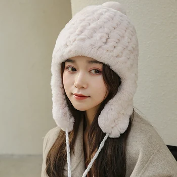 Silver Rex Rabbit Fur Earflap Hat, Knit Fur Ushanka with Pompoms, Aleutka Beanie Rabbit fur Russian ushanka winter hat. Gray. Trapper Pilot  main image 3