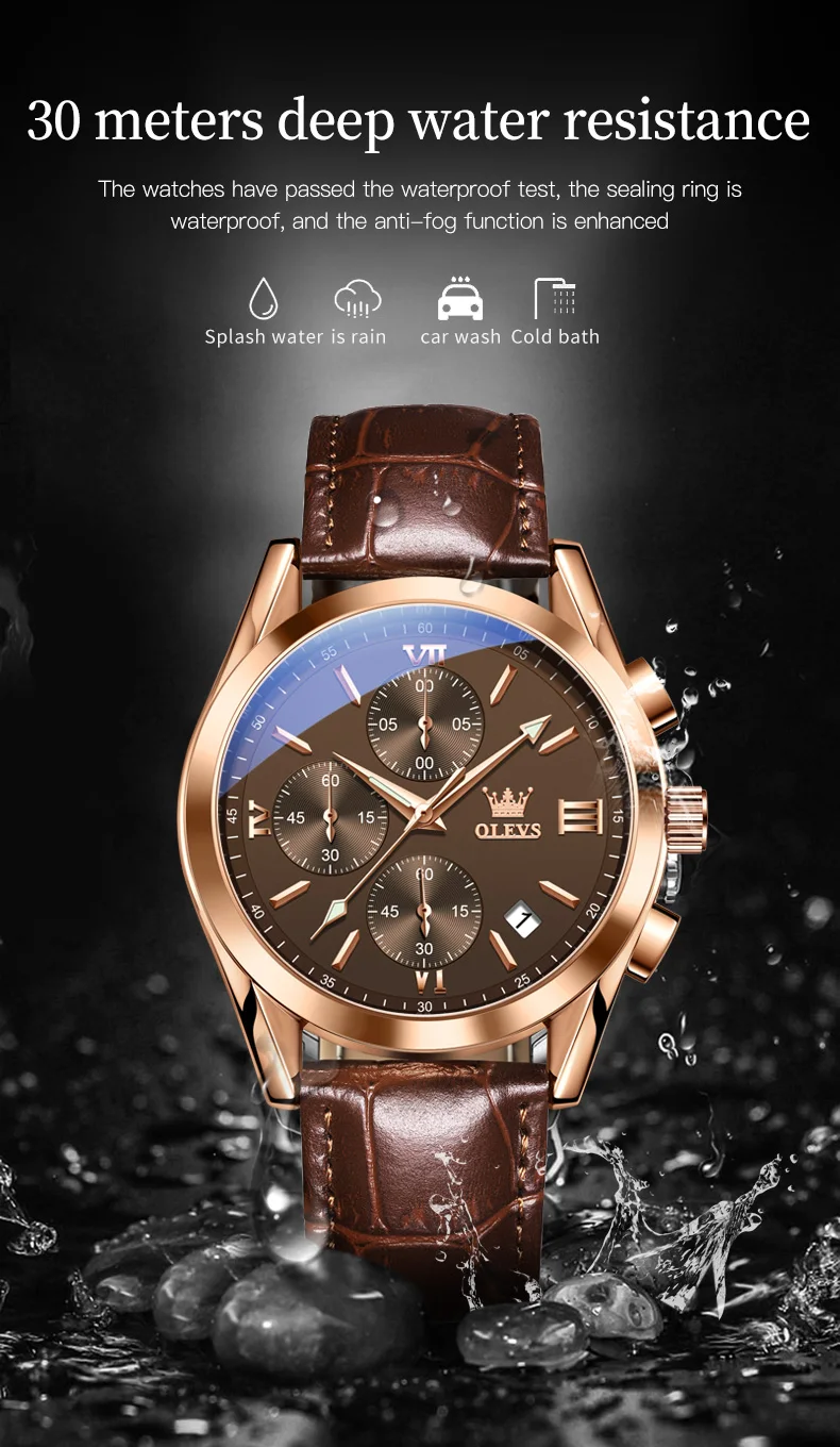 OLEVS Reloj 2872 Top Brand Luxury Waterproof Clock Brown Leather Sports WristWatch Relogio Masculino Quartz Watch For Men