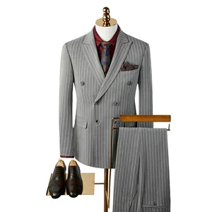 Bump Collar Men's Wedding Suit Two-piece Business Professional Gray Striped Comfortable Best Man Groom Formal Workwear