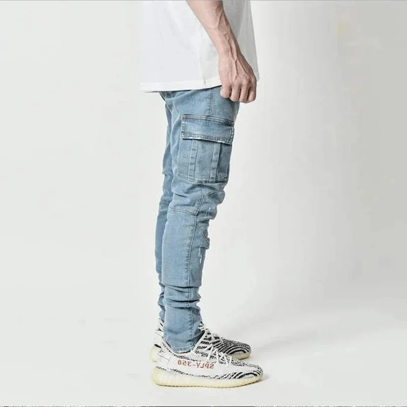 Men's Mid Waist Streetwear Denim Slim Fit Skinny Cargo Jogger Pants Korean Style Multi-Pocket Trendy Ins