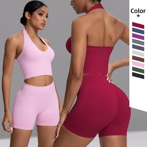 Breathable Four-Way Stretch Racerback Yoga Set-Seamless High Waist Shorts & Sports Bra Plus Size