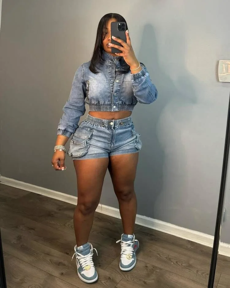 Shop Our Trendy Women's 3D Pocket Denim Crop Jacket Shorts Set