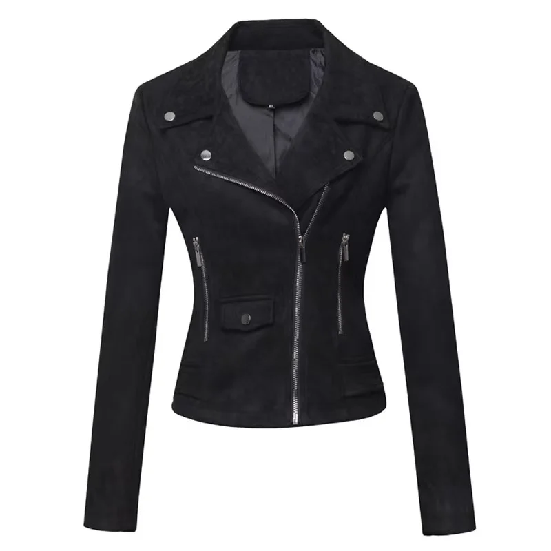 26 China Factory New Autumn Womens Motor Biker Soft Suede Plain Solid Button Casual Short Windproof Eco-Friendly Bomber Jackets