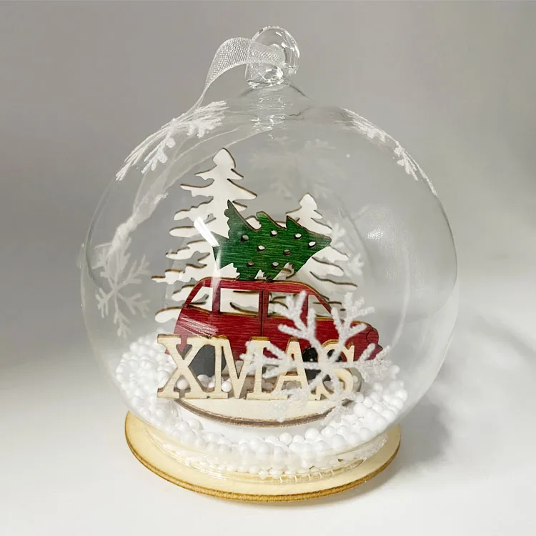 Wholesale 8cm clear led light up hand blown glass hanging Christmas tree ball ornament with wooden car inside