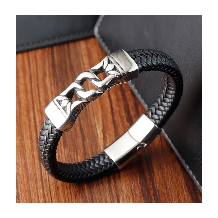 MONIYA Men's Black Braided Leather Bracelet - Stainless Steel Magnetic Clasp, Vintage Style, 8.26 Inch, Silver-Tone - View #8