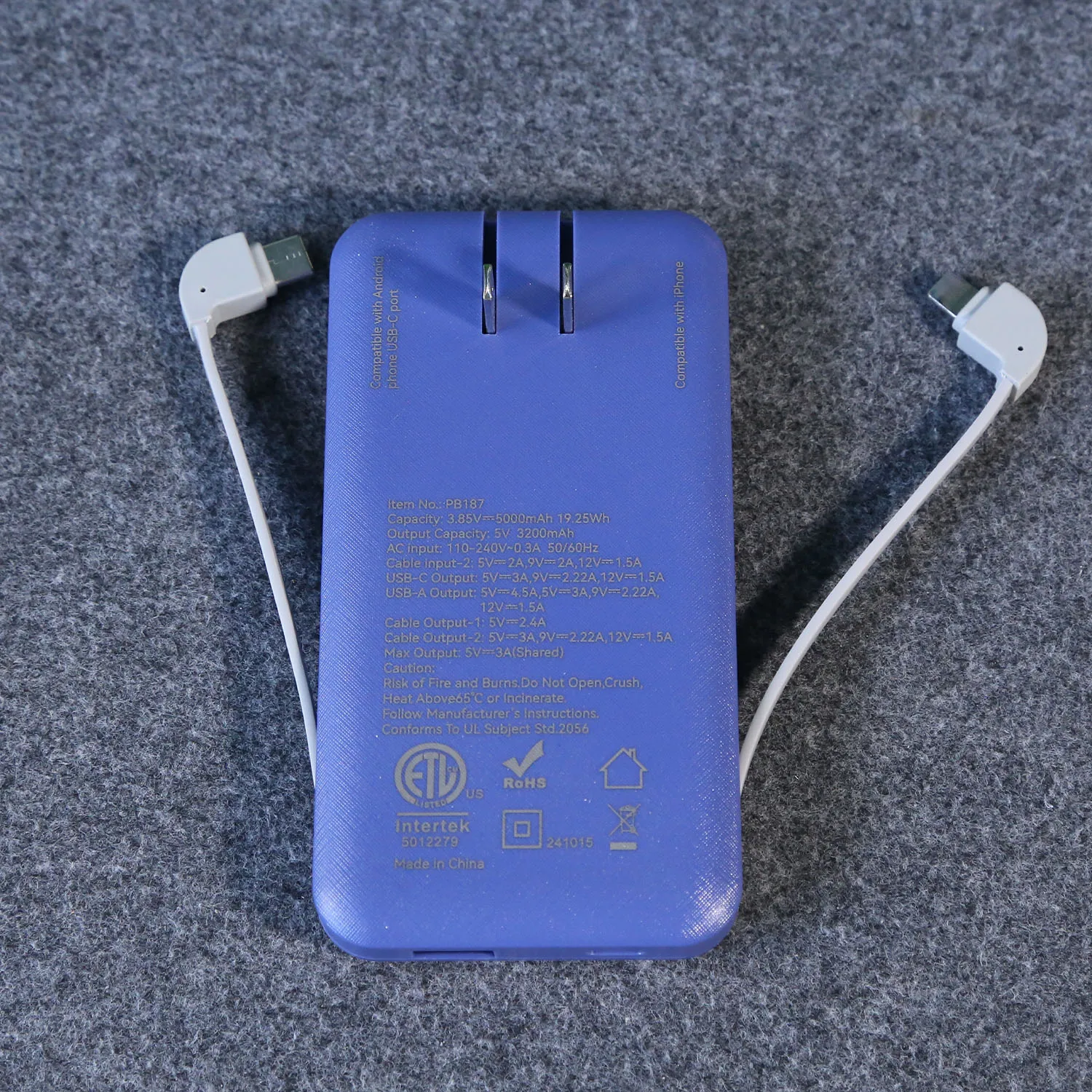 Portable Multi-port Power Bank 5000mAh Built-in 2 Cables & AC Plug, 20W Fast Charger Battery Pack Black White Blue Pink PB187
