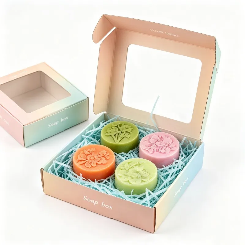 Cutie cadou pentru afișare în vitrină, cu depozitare, conținând iarbă de rafie, set de săpunuri cu siglă personalizată, cutii de ambalaj pentru săpunuri, formă dreptunghiulară, cu capac rabatabil, ambalaj din hârtie