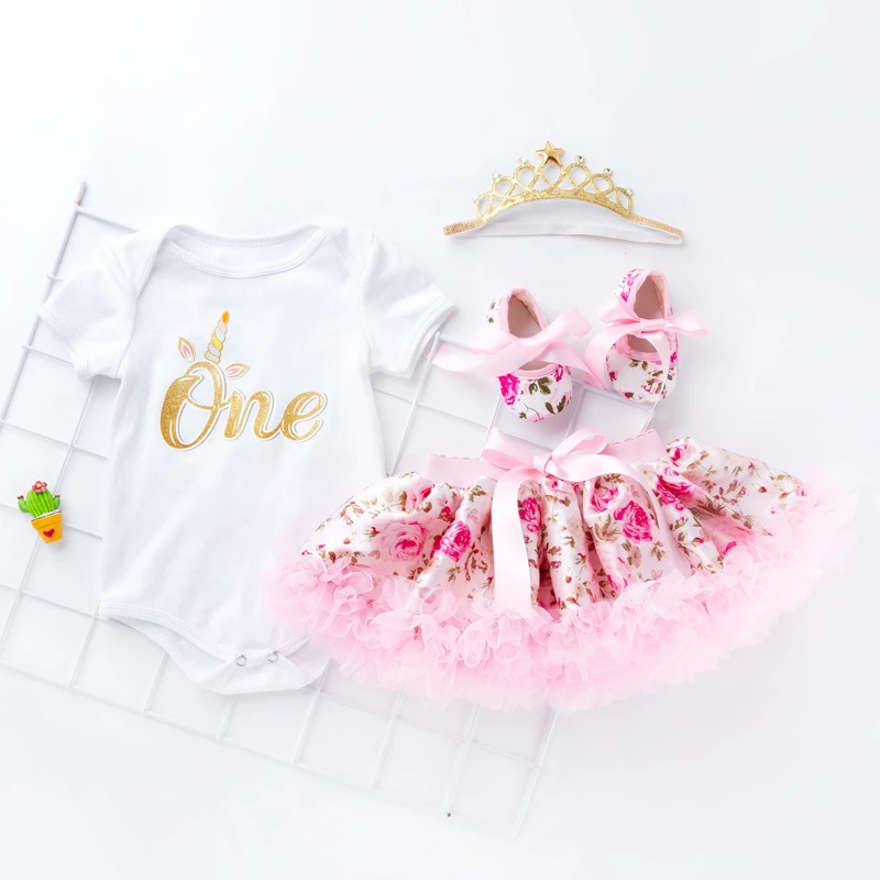 Baby Girl Unicorn Romper Set Tutu Headband 3Pcs Skirt Set Infant Newborn First Birthday Romper 1year Birthday Dress Romper