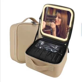 High quality Daily Portable Adjustable Dividers Cosmetic Bags With Foldable Lighted Mirror