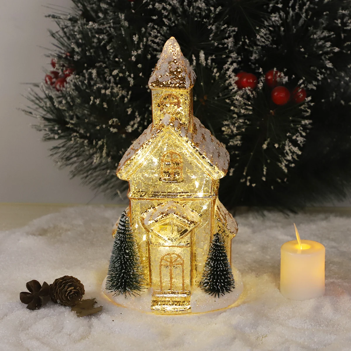 Delicate Mercury Painted High Quality House Shape Glass Decoration With Tea Lights Glowing Christmas Indoor Outdoor Gift