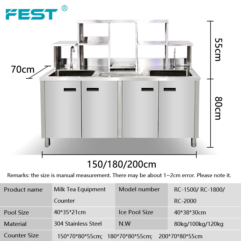 Commercial Boba Shop Working Table Container Milk Tea Bar Counter With Equipment Stainless Steel Bubble Milk Tea Counter