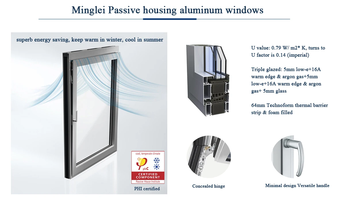 Minglei Energy efficient windows aluminum casement windows passive house windows factory