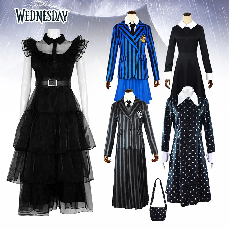 Wednesday Addams Family Cosplay Costume Addams Printing Dress Wig Hair ...