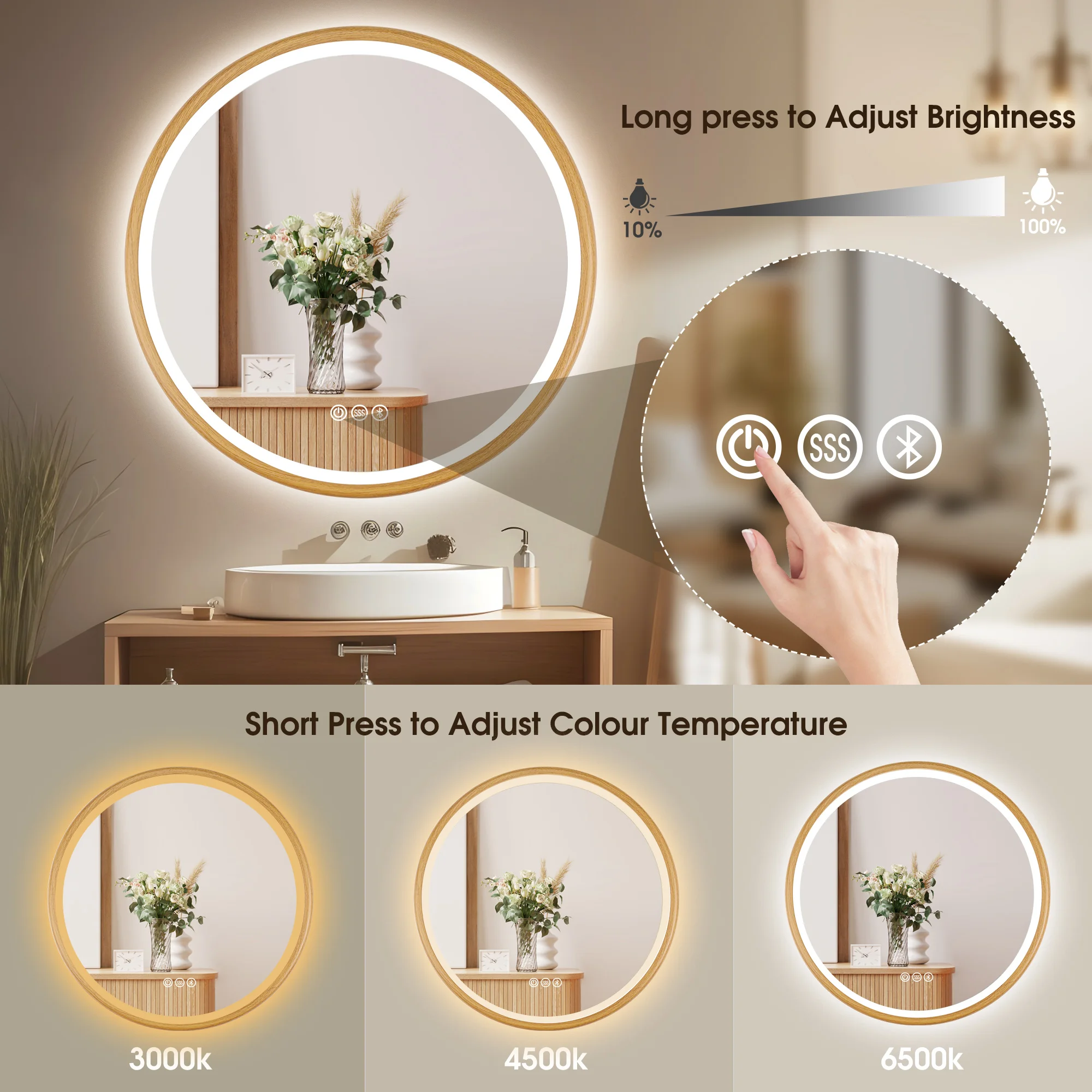 Wall Mounted Bathroom Vanity Mirror Wooden Frame Led Mirror With 3 ...