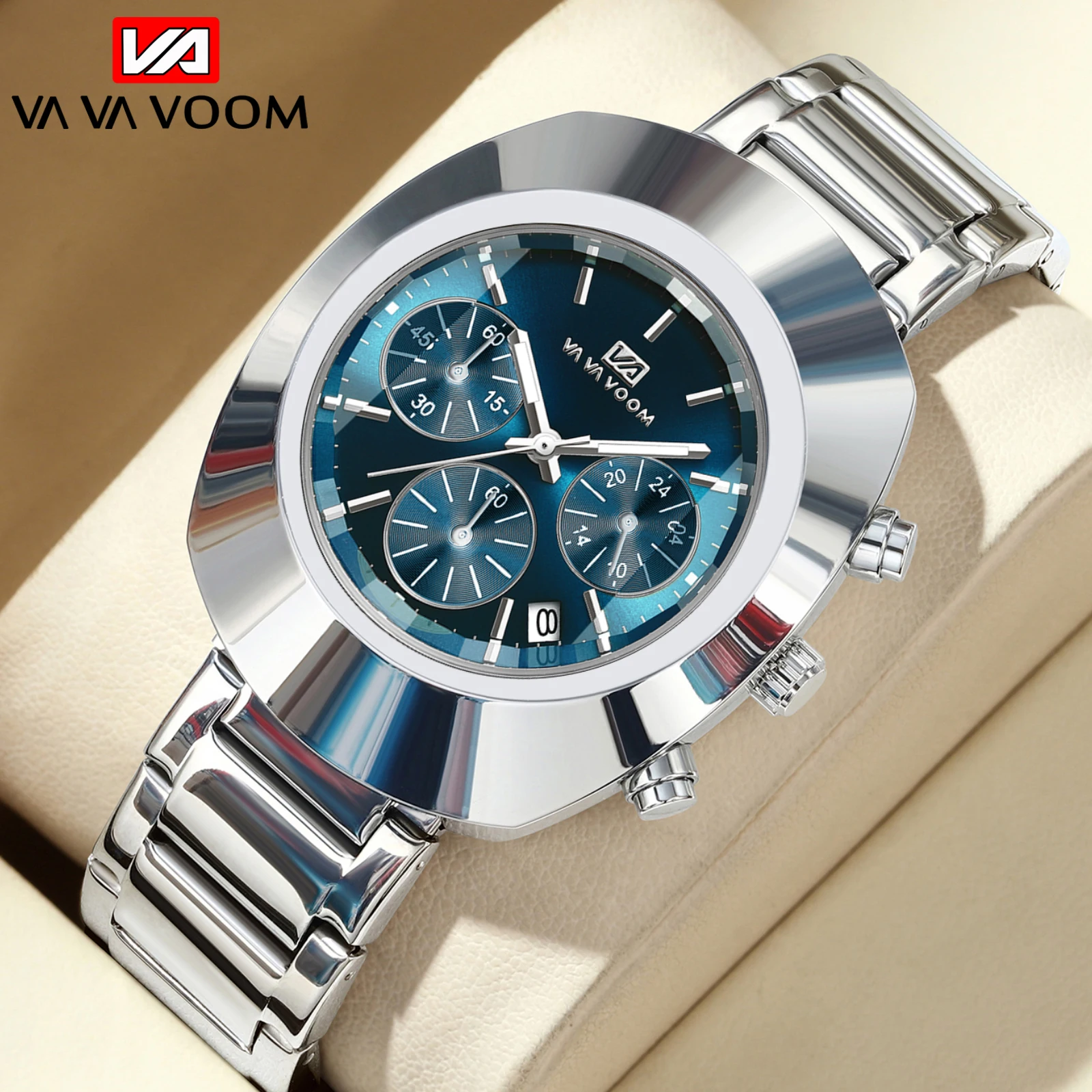 VA VA VOOM Silver Blue Oval Luxury Chronograph Quartz Watch for 