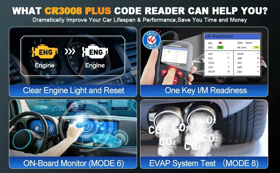 LAUNCH CR3008 OBD2 X431 Automotive Scanner Plastic OBD 2 OBDII Code Reader Free Update Car Diagnostic Tool Equipped NT301 KW680