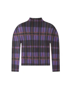 Miyake Niche Design Women's Cute Plaid Printed High Neck Long Sleeve T-shirt with Pleated Detail Spring 2026 Loose Fit