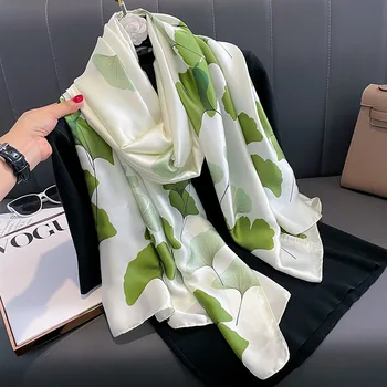 Custom Printing Green Leaf Hijabs Head Scarves Long Hijab Wrap Beach Shawls Silk Scarf Large 180 90 for Women