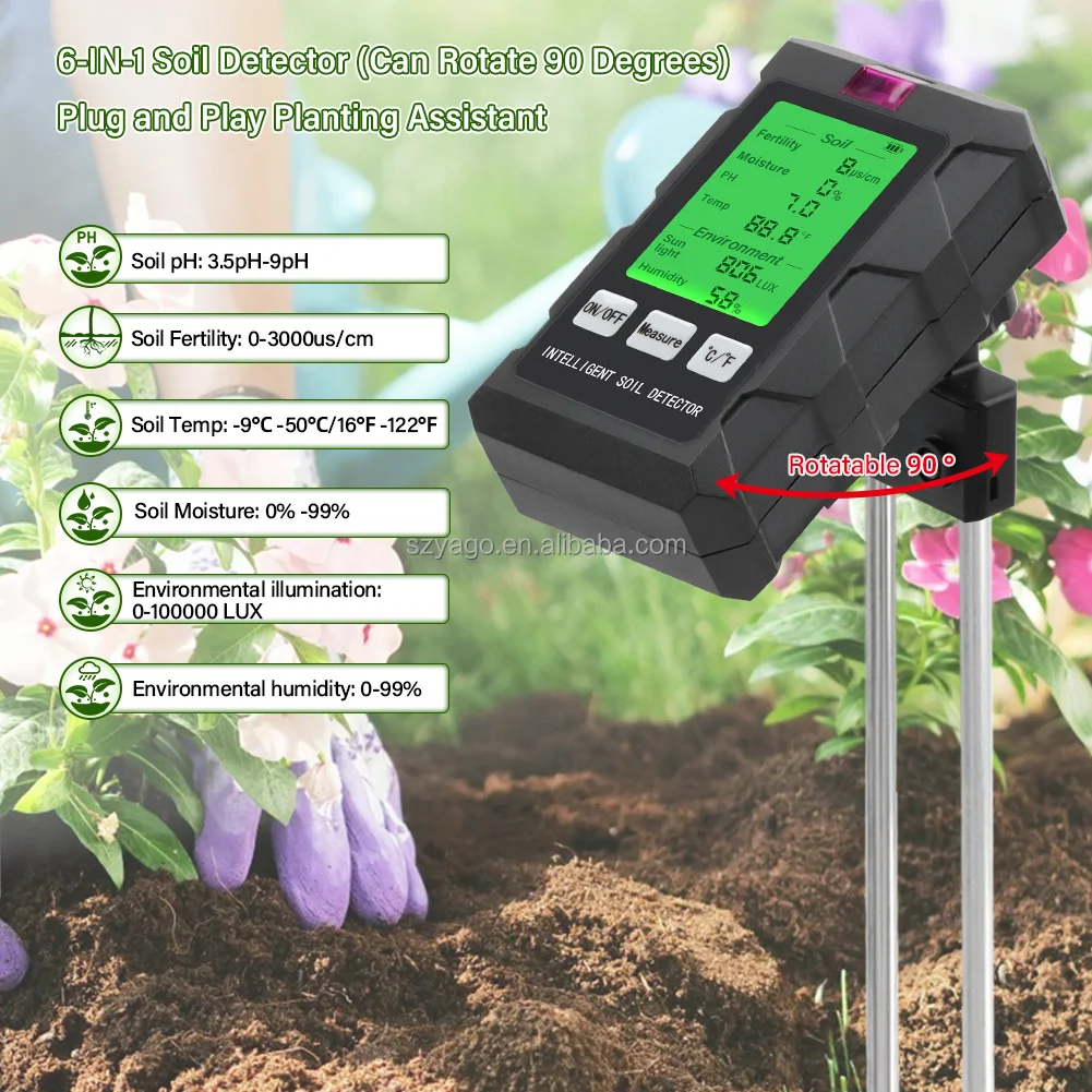 YIERYI High Quality 6 in 1 Soil Meter Fertility/PH/Moisture/Tmep/Sunlight/Humidity Multi-functional Soil Testing Tool