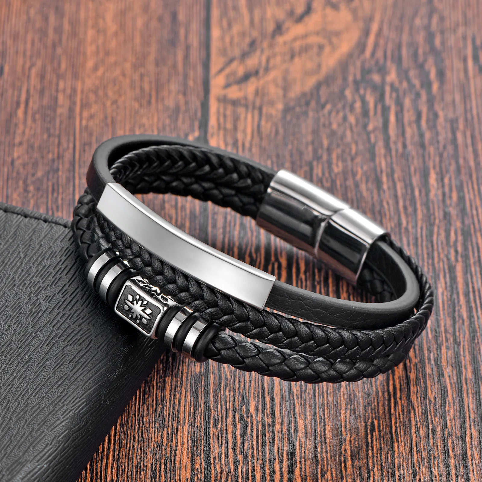 Genuine Leather Stainless Steel Engraved Charm Bracelet For Men