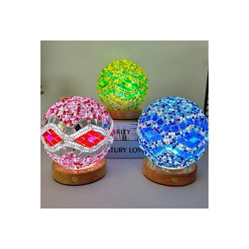 Bedside lamp 3D Art Glass Ball Table Lamp Glass Mosaic Decorative Table Lamp Led Wooden Base Baroque Night Light