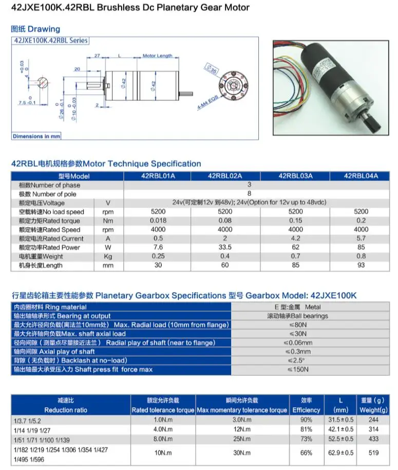 42RBL 42mm Cylindrical Body Dc Brushless Motor, OPTION BLDC with Gearhead Brake Encoder Assembled, Driver/Controller Integrated